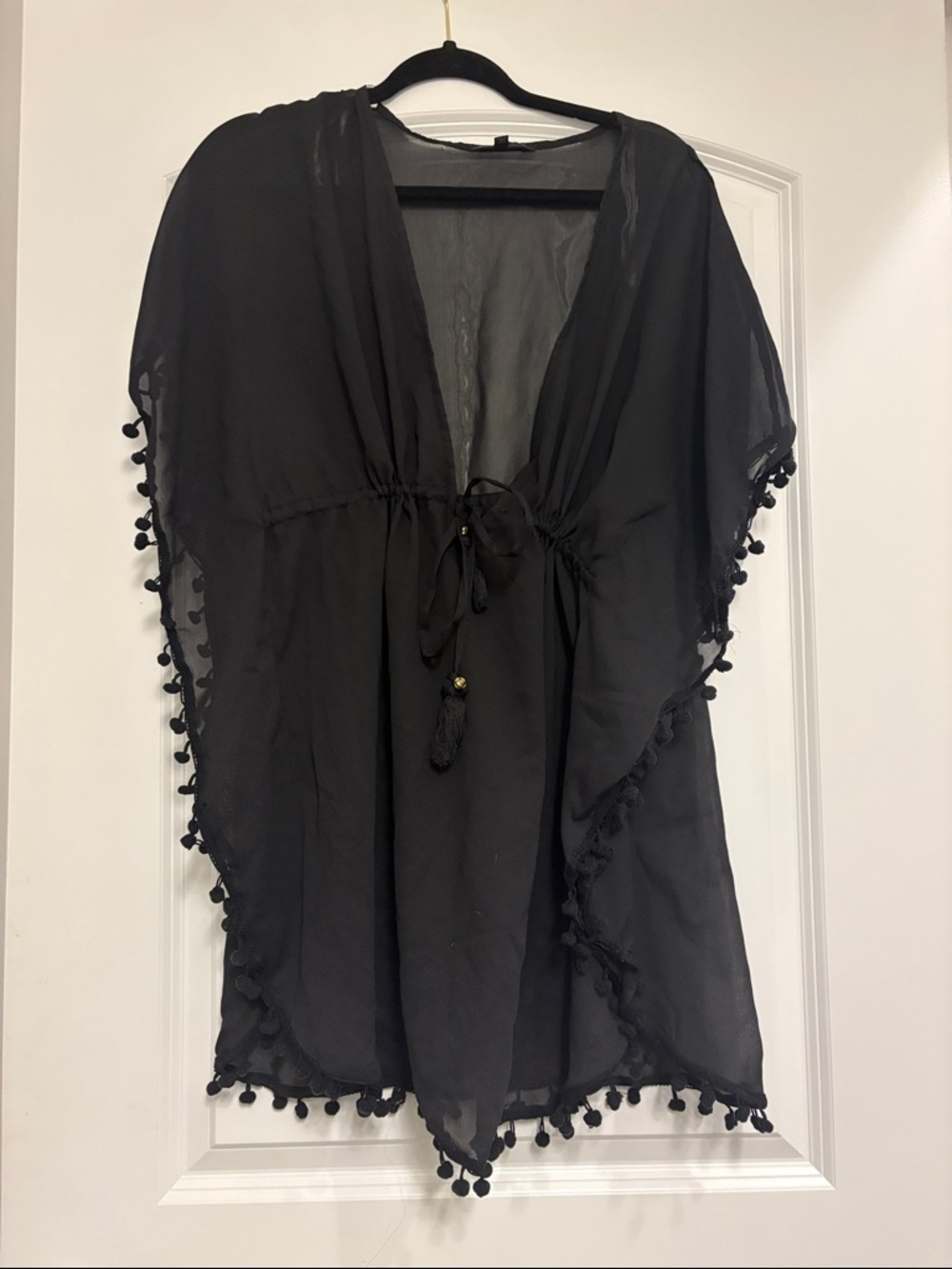 Sheer Black Pom-Pom Swim Coverup with Tie Waist